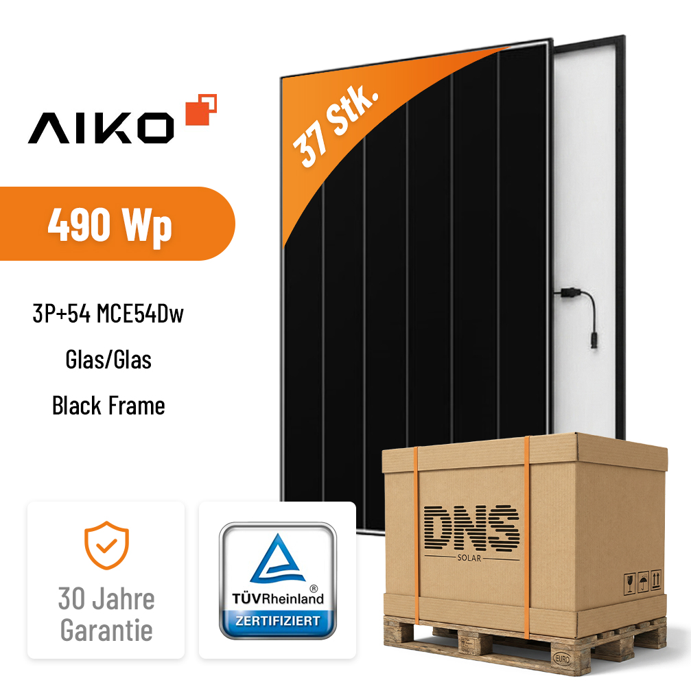 37x AIKO Solar 490W Neostar 3P+ Glas-Glas Black Frame Solarmodul A-MCE54Dw