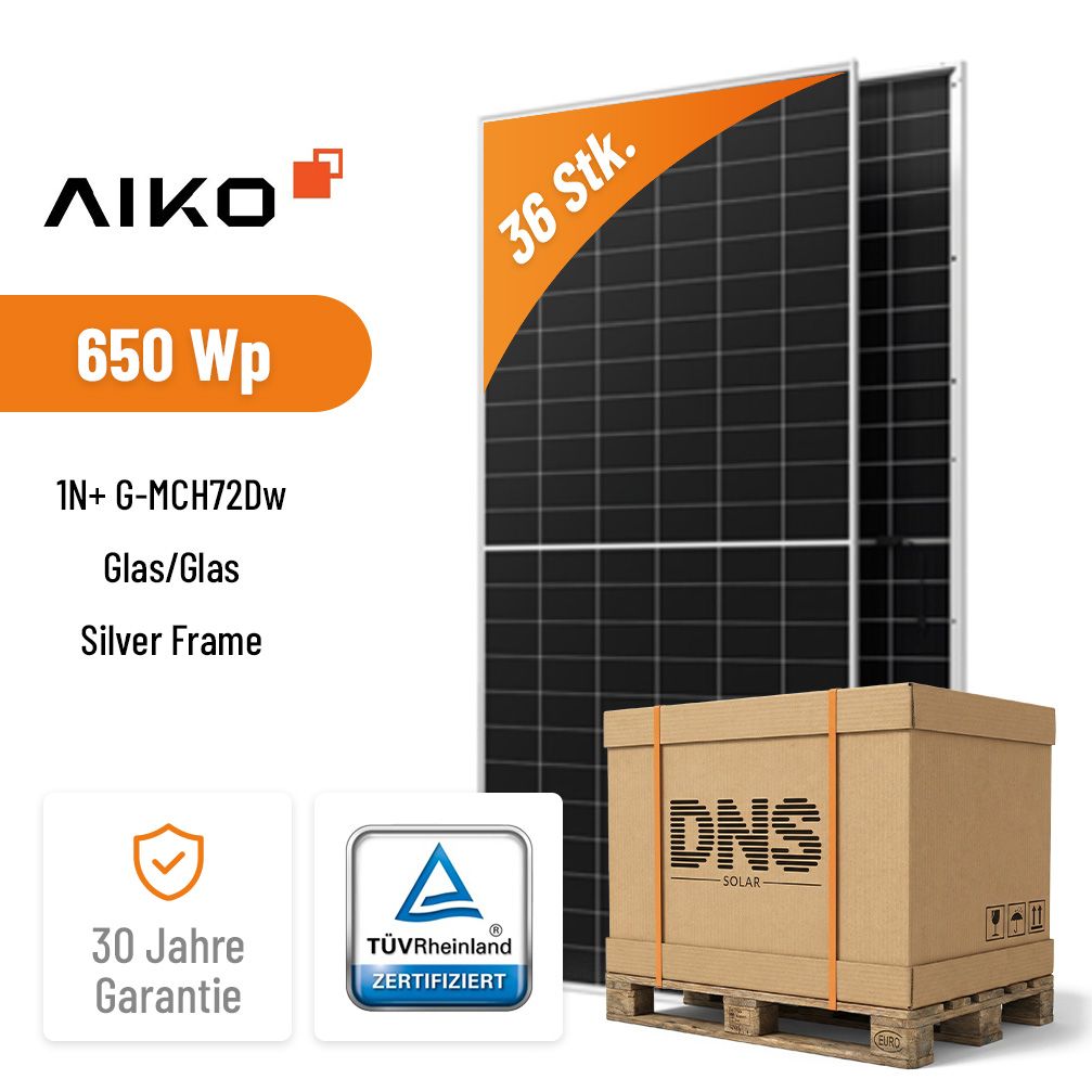 36x AIKO Solar 650W Stellar 1N+ Glas-Glas Silver Frame Bifazial Solarmodul G-MCH72Dw