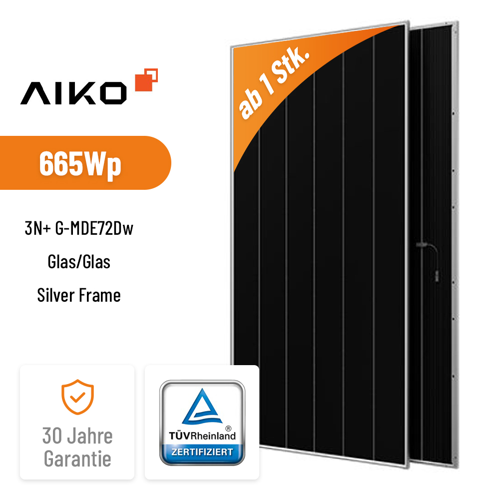 AIKO Solar 665W Stellar 3N+ G-MDE72Dw Glas/Glas Bifazial Hochleistungs-Solarmodul Silver Frame