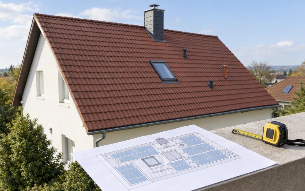 Belegungsplan mit ausgesparten Dachaufbauten auf einem geneigten Hausdach