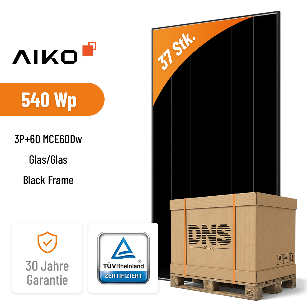 37x AIKO Solar 540W Neostar 3P+60 MCE60Dw Glas Glas Black Frame Hochleistungs-Solarmodul der neuesten Generation