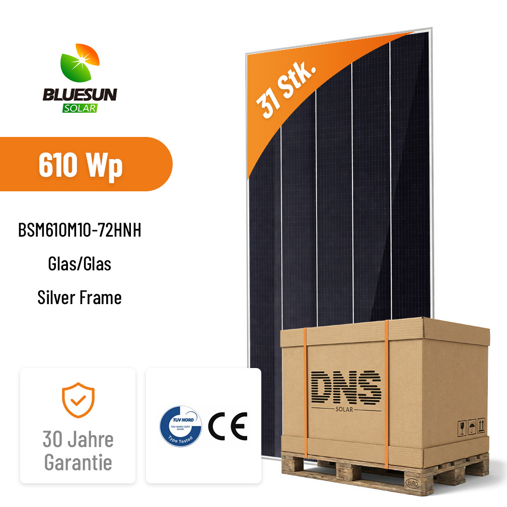 31x BLUESUN 610W BSM610M10-72HNH – Hochleistungs-Bifacialmodul mit N-Typ Shingled-Technologie Glas/Glas Silver Frame