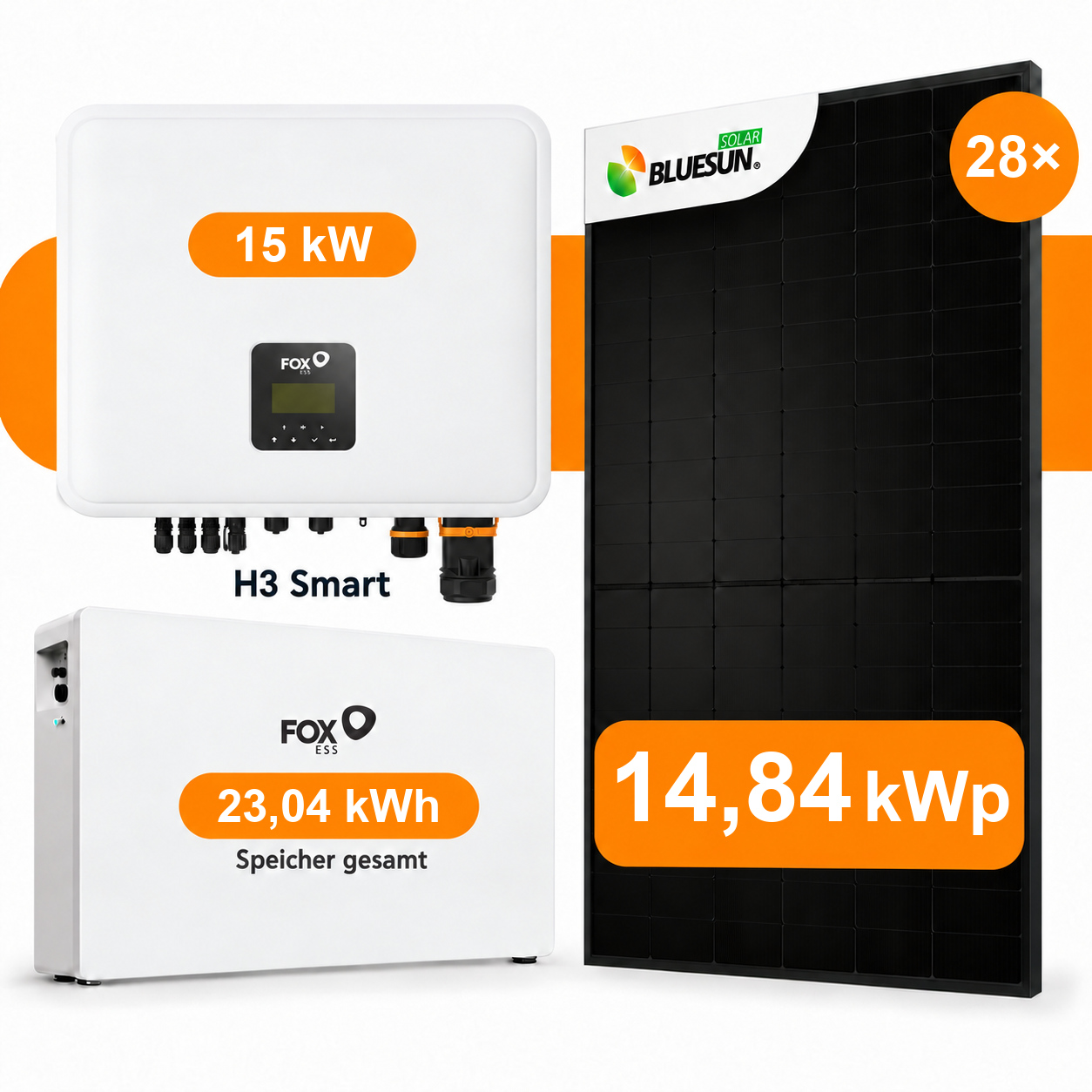 14,84 kWp PV-Komplettset + 23,04 kWh Speicher | BlueSun 530 W, Fox H3 Smart 15 kW, 2 × EK12