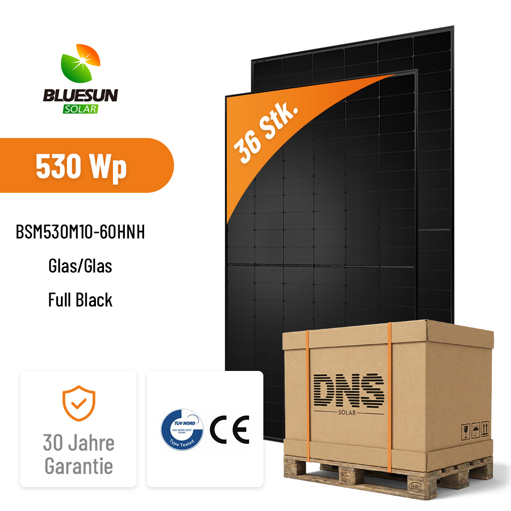 36x BLUESUN 530W BSM530M10-60HNH HALF CELL TOPCON BIFACIAL Glas/Glas Full Black