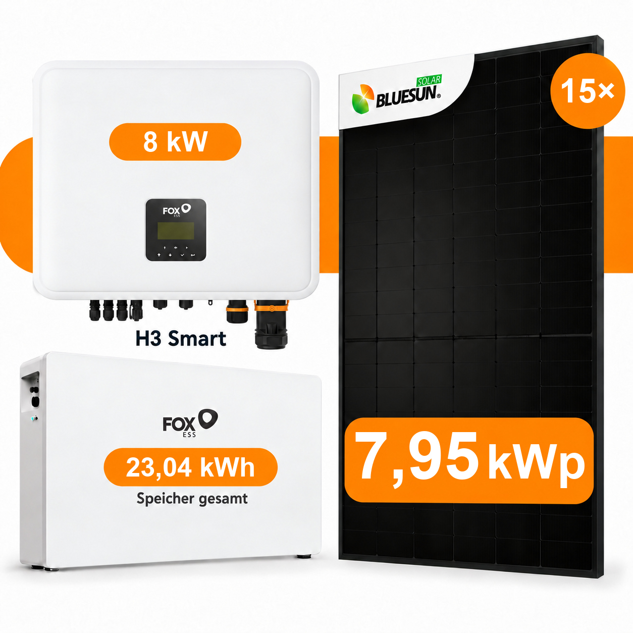 7,95 kWp PV-Komplettset + 23,04 kWh Speicher | BlueSun 530 W, Fox H3 Smart 8 kW, 2 × EK12