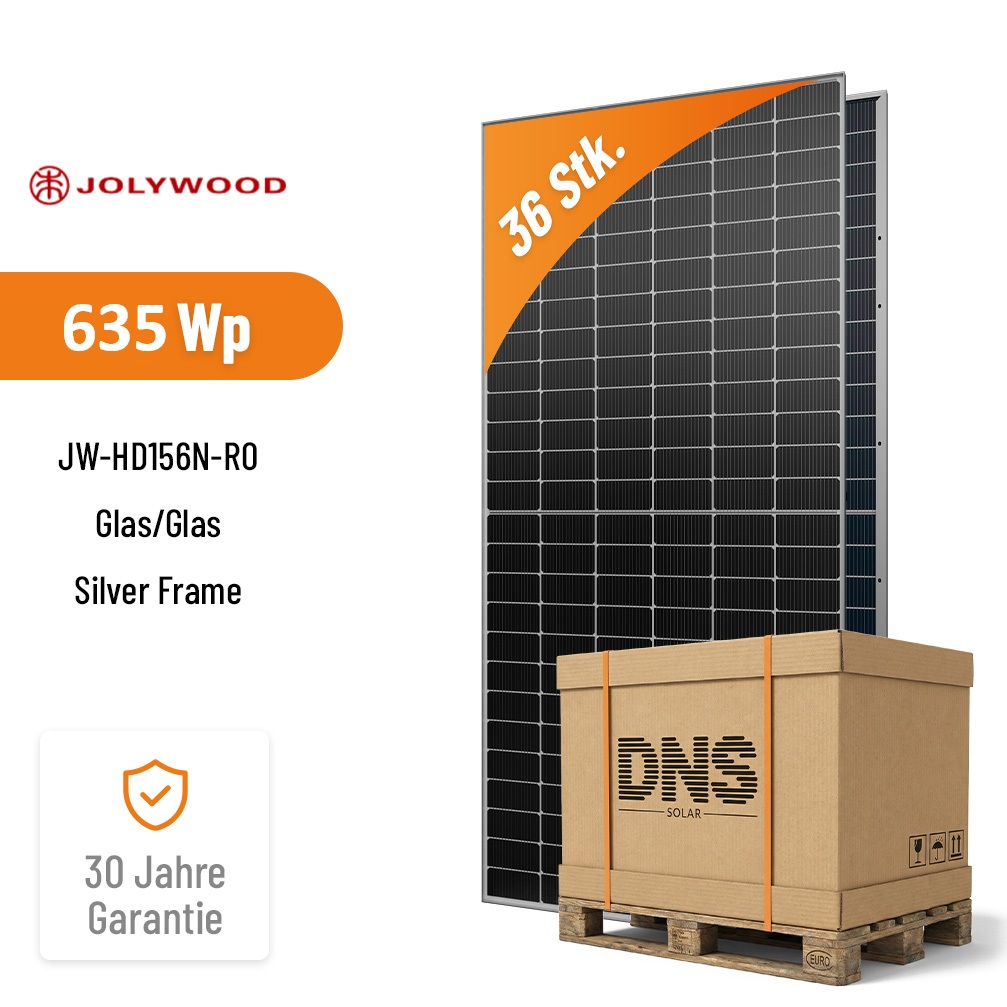 36x JOLYWOOD 635W JW-HD156N-R0 – n-Type Bifacial Glas/Glas Silver Frame
