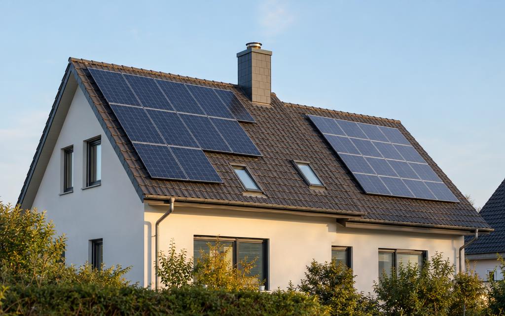 Einfamilienhaus mit zwei getrennten Photovoltaikflächen auf unterschiedlich ausgerichteten Dachseiten