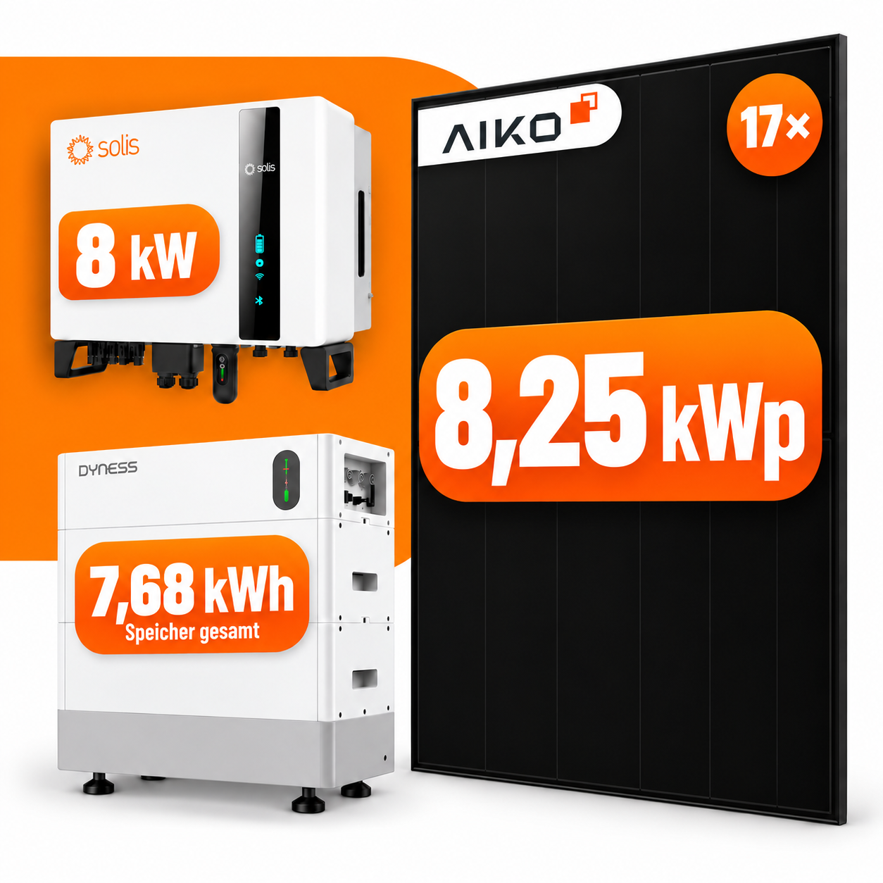 17x 485W Aiko Photovoltaik Komplettanlage 8,25 kWp mit 7,68 kWh Speicher