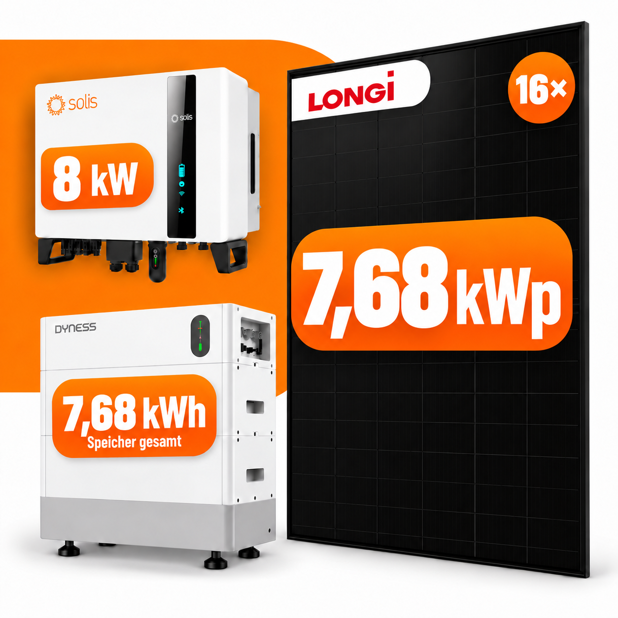 16x 480W Longi Photovoltaik Komplettanlage 7,68 kWp mit 7,68 kWh Speicher