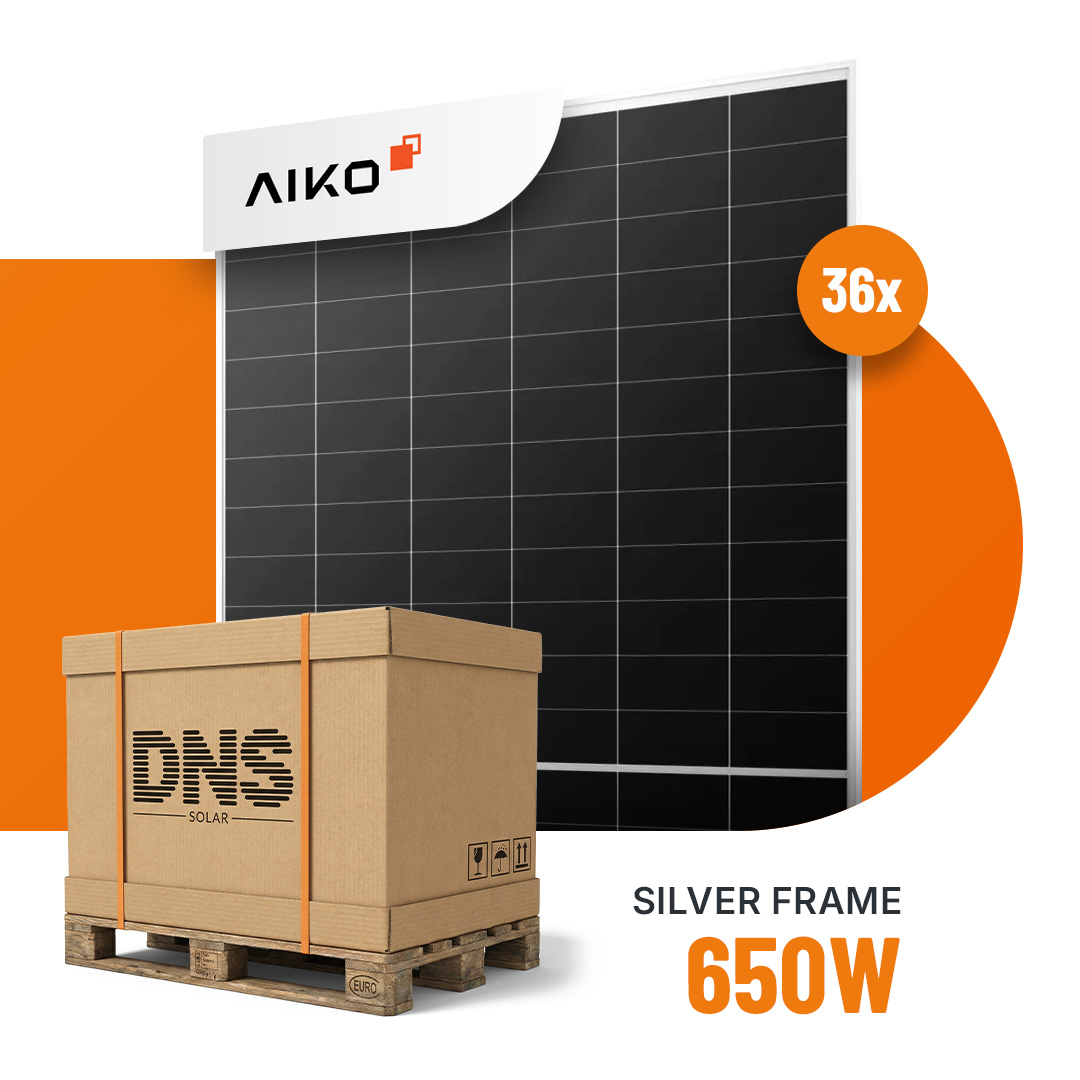 36x AIKO Solar 650W Stellar 1N+ Glas-Glas Silver Frame Bifazial Solarmodul G-MCH72Dw