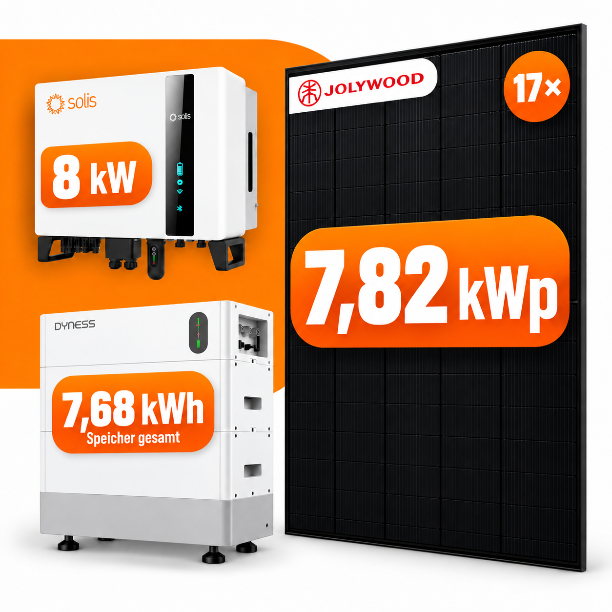 17x 460W Jolywood Photovoltaik Komplettanlage 7,82 kWp mit 7,68 kWh Speicher
