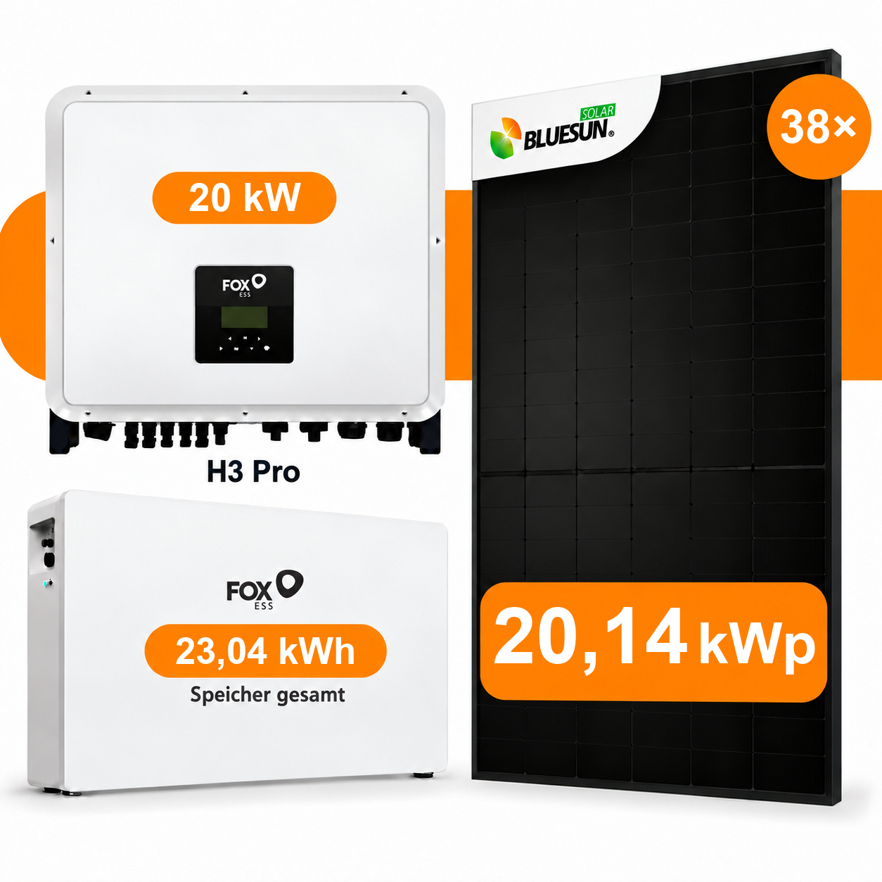 20,14 kWp PV-Komplettset + 23,04 kWh Speicher | BlueSun 530 W, Fox H3 Pro 20 kW, 2 × EK12
