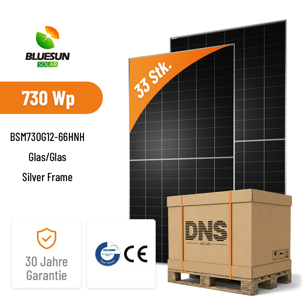 33x BLUESUN 730W BSM730G12-66HNH HJT HEX9 Hochleistungs-Bifazialmodul mit N-Typ HJT Glas/Glas Silver Frame