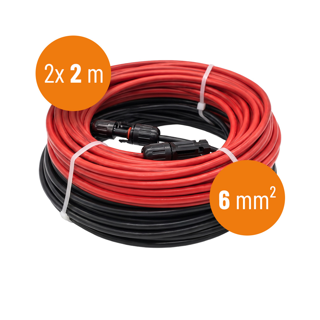 2x PV-Kabel / Solarkabel 2m (6mm²) inkl. MC4-Stecker Schwarz und Rot