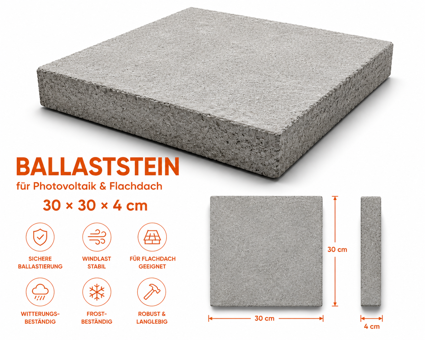 Beton Ballaststein für Photovoltaik & Flachdach 30 × 30 × 4 cm
