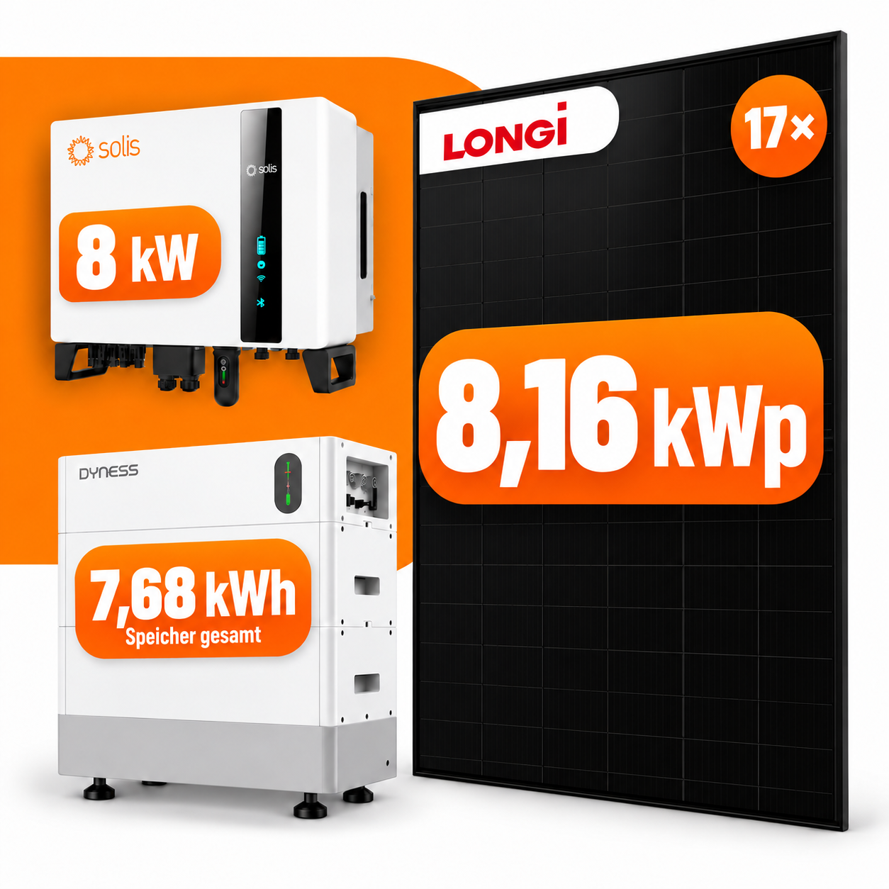 17x 480W Longi Photovoltaik Komplettanlage 8,16 kWp mit 7,68 kWh Speicher