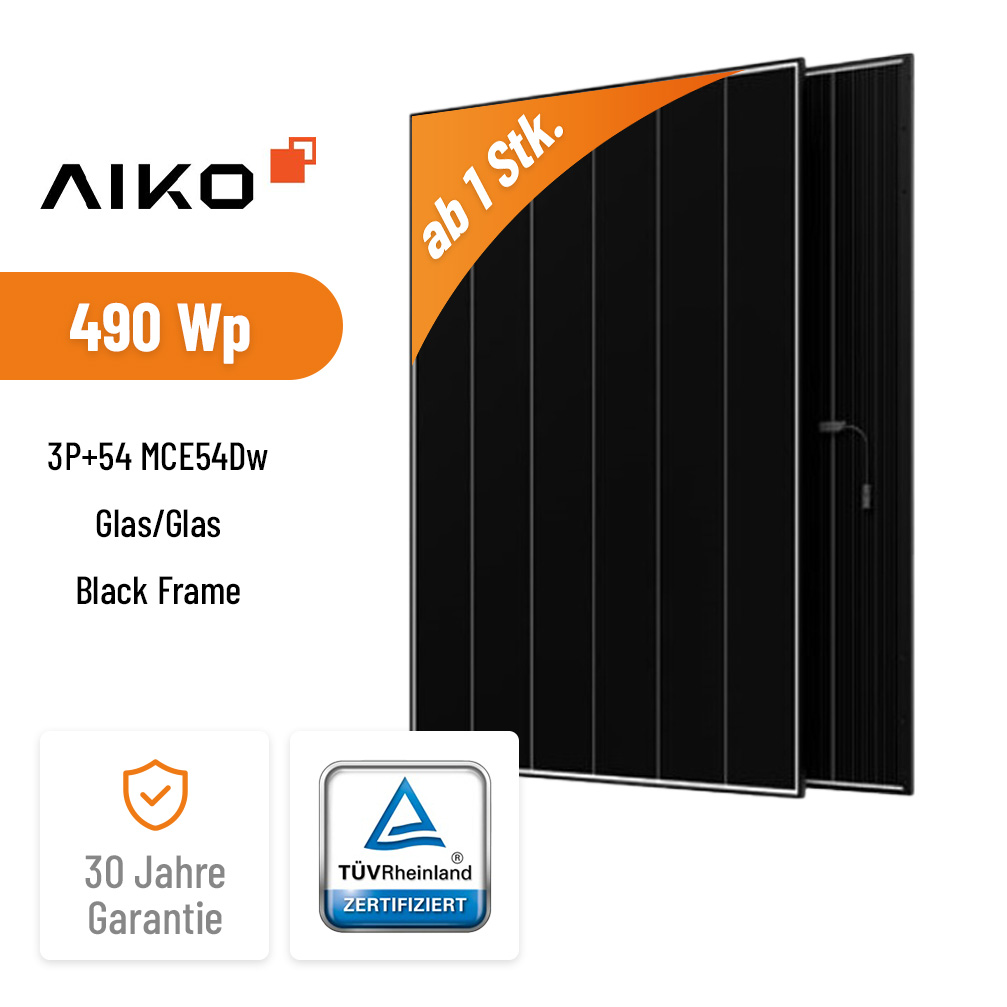 AIKO Solar 490W Neostar 3P+54 MCE54Dw Solarmodul Glas/Glas Black Frame Hochleistungs-Solarmodul