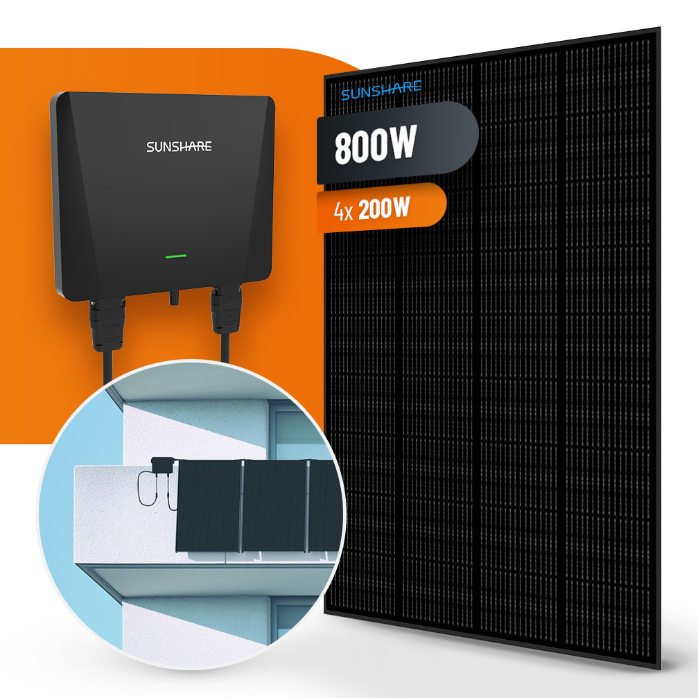 Sunshare Balkonkraftwerk 800W Betonbalkon (4 Module, Halterung, Mikrowechselrichter)