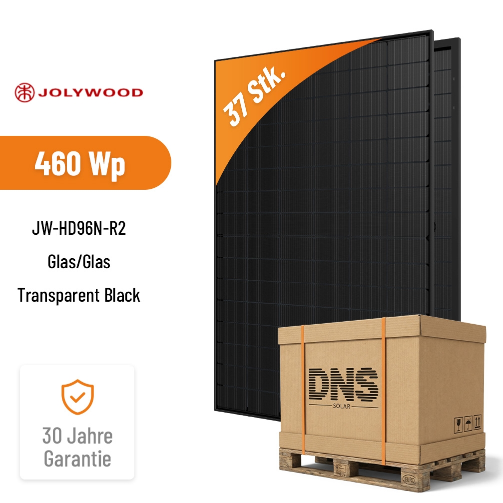 37x JOLYWOOD 460W JW-HD96N-R2 – N-Type Bifacial Glas/Glas Transparent Black
