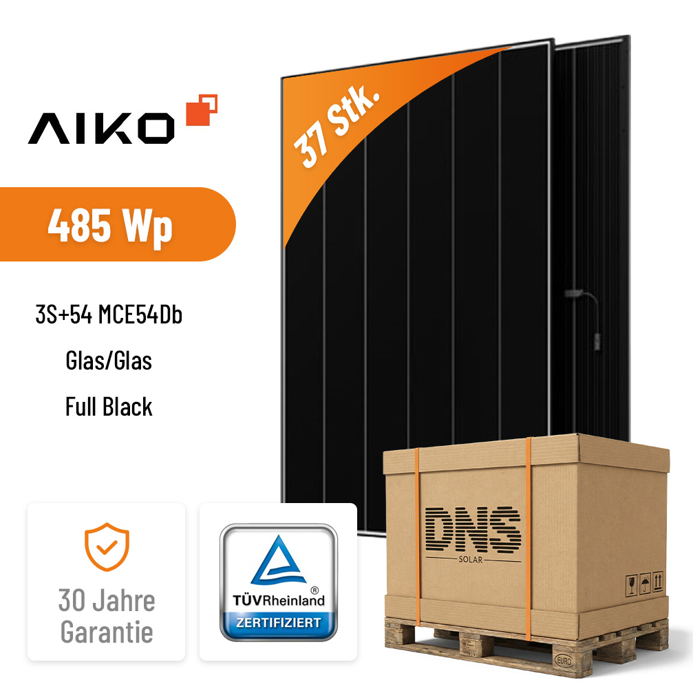 37x AIKO Solar 485W Neostar 3P+54 A485-MCE54Dw Glas/Glas Black Frame Hochleistungs-Solarmodul
