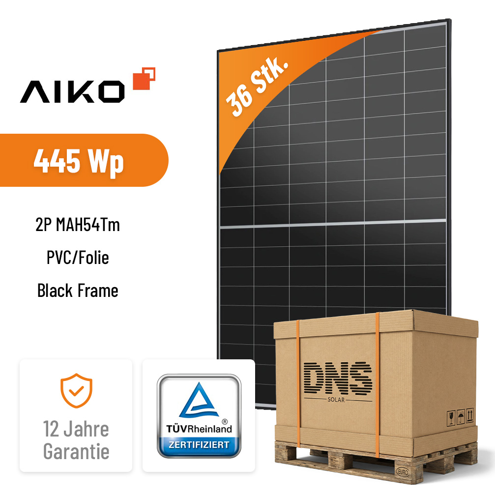 36x AIKO Solar 445W Nebular MAH54Tm Black Frame – das Leichtgewicht, ideal für Dächer mit geringer Traglast
