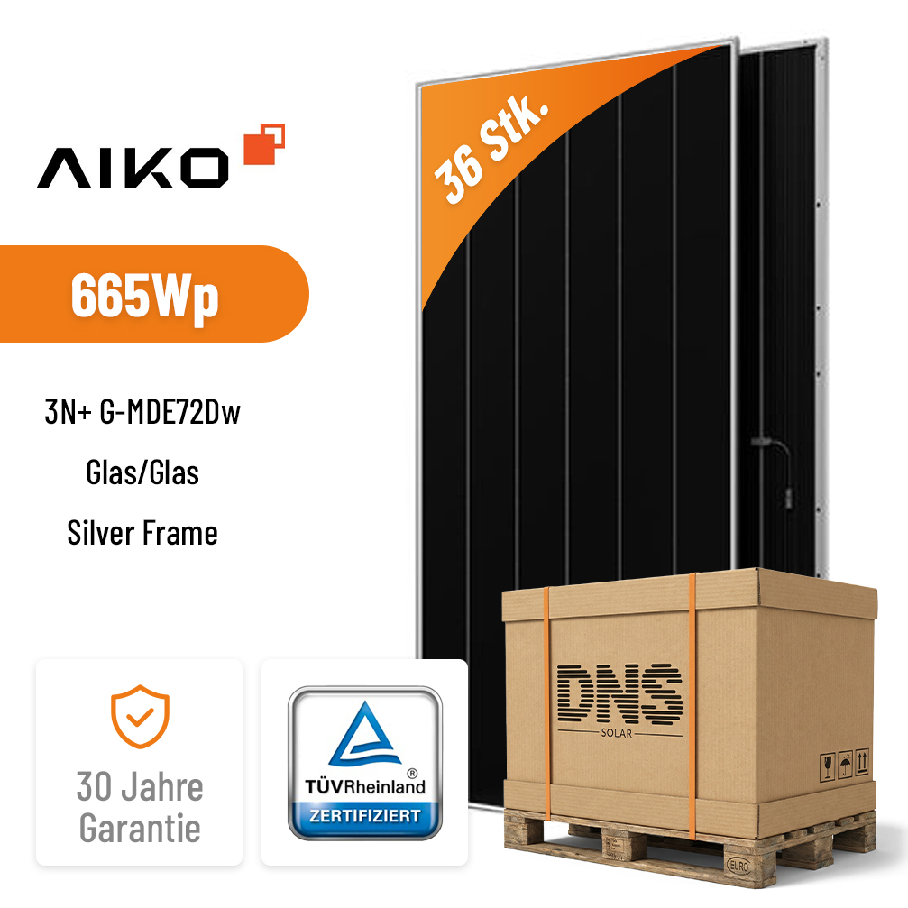 36x AIKO Solar 665W Stellar 3N+ G-MDE72Dw Glas/Glas Bifazial Hochleistungs-Solarmodul Silver Frame