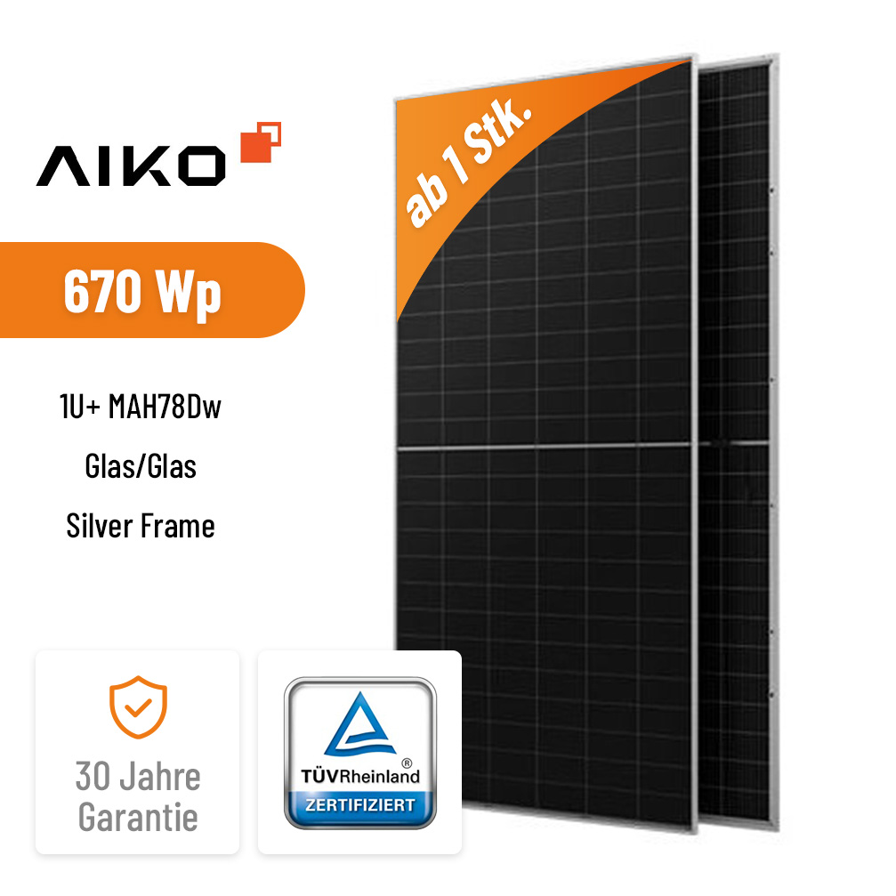 AIKO Solar 670W Neostar 1U+ MAH78Dw Glas/Glas Silver Frame Hochleistungs Solarmodul der nächsten Generation