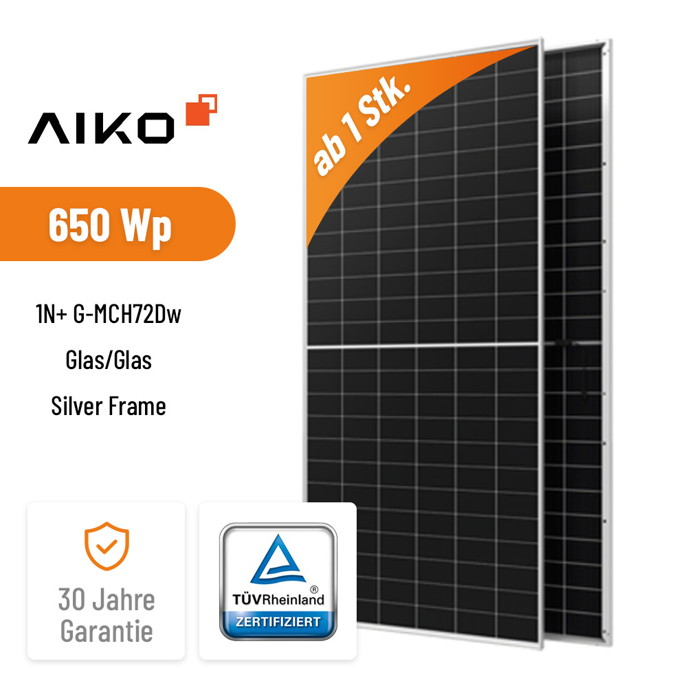 AIKO Solar 650W Stellar 1N+ G-MCH72Dw Glas/Glas Silver Frame Hochleistungs-Solarmodul