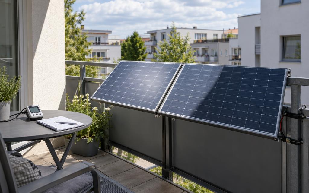 Zwei Balkonsolarmodule, von denen eines teilweise im Schatten einer Gebäudekante liegt.