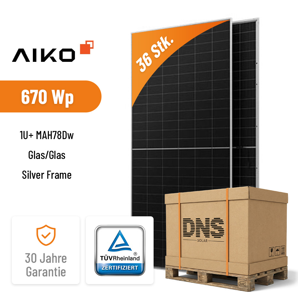 36x AIKO Solar 670W Neostar 1U+ MAH78Dw Glas/Glas Silver Frame Hochleistungs Solarmodul der nächsten Generation