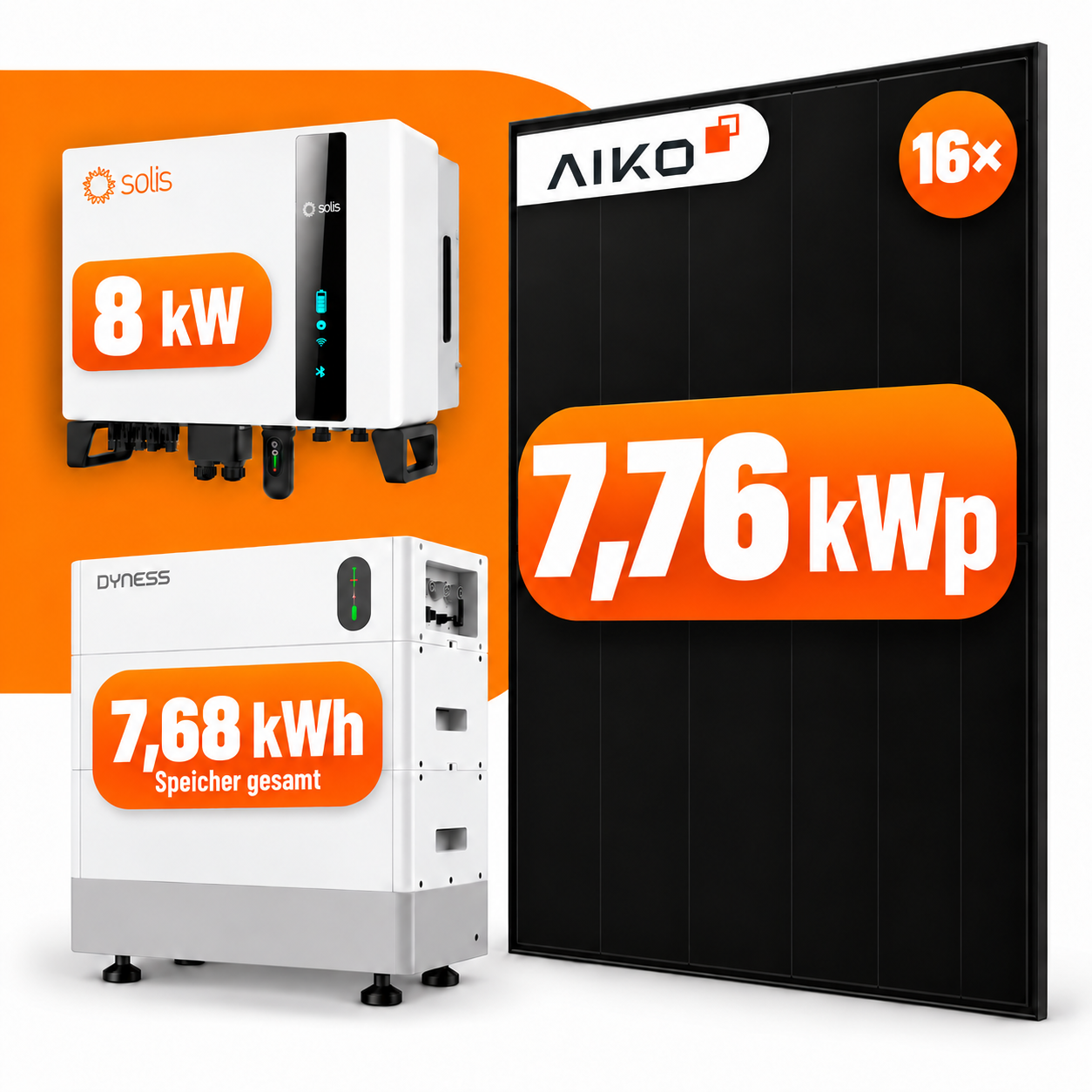 16x 485W Aiko Photovoltaik Komplettanlage 7,76 kWp mit 7,68 kWh Speicher